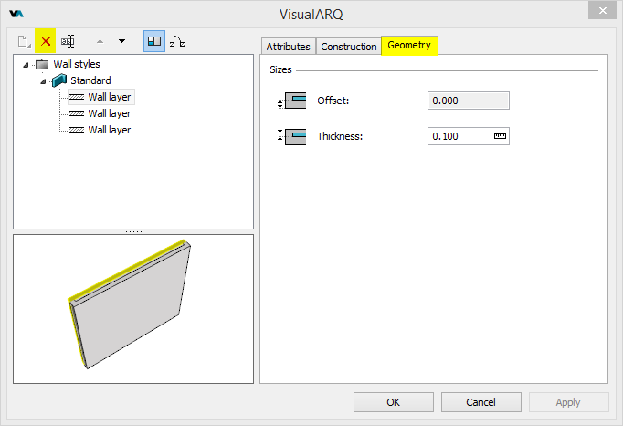 Löschen Sie alle Schichten der Wandstile bis auf eine und ändern Sie deren Dicke so, dass diese dieselbe Dicke aufweist, wie die gesamt Wand vorher
