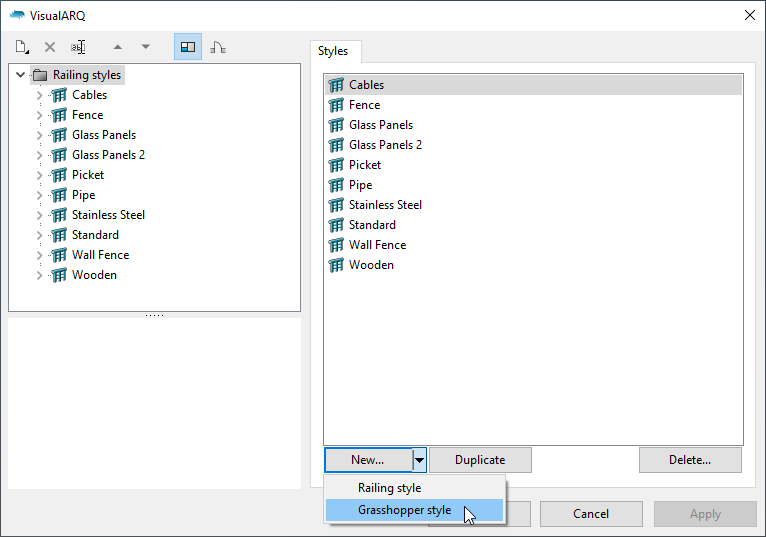 The railing styles dialog with the "Grasshopper style" option visible after clicking on the "New..." button.