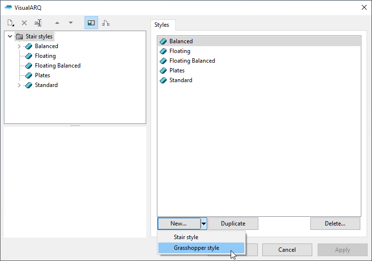 The stair styles dialog with the "Grasshopper style" option visible after clicking on the "New..." button.