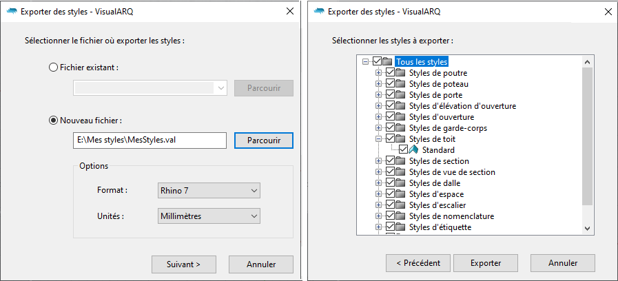 Boîtes de dialogue d'exportation de styles de VisualARQ, à gauche celle indiquant le nom et l'emplacement du fichier et à droite celle indiquant les styles à exporter.